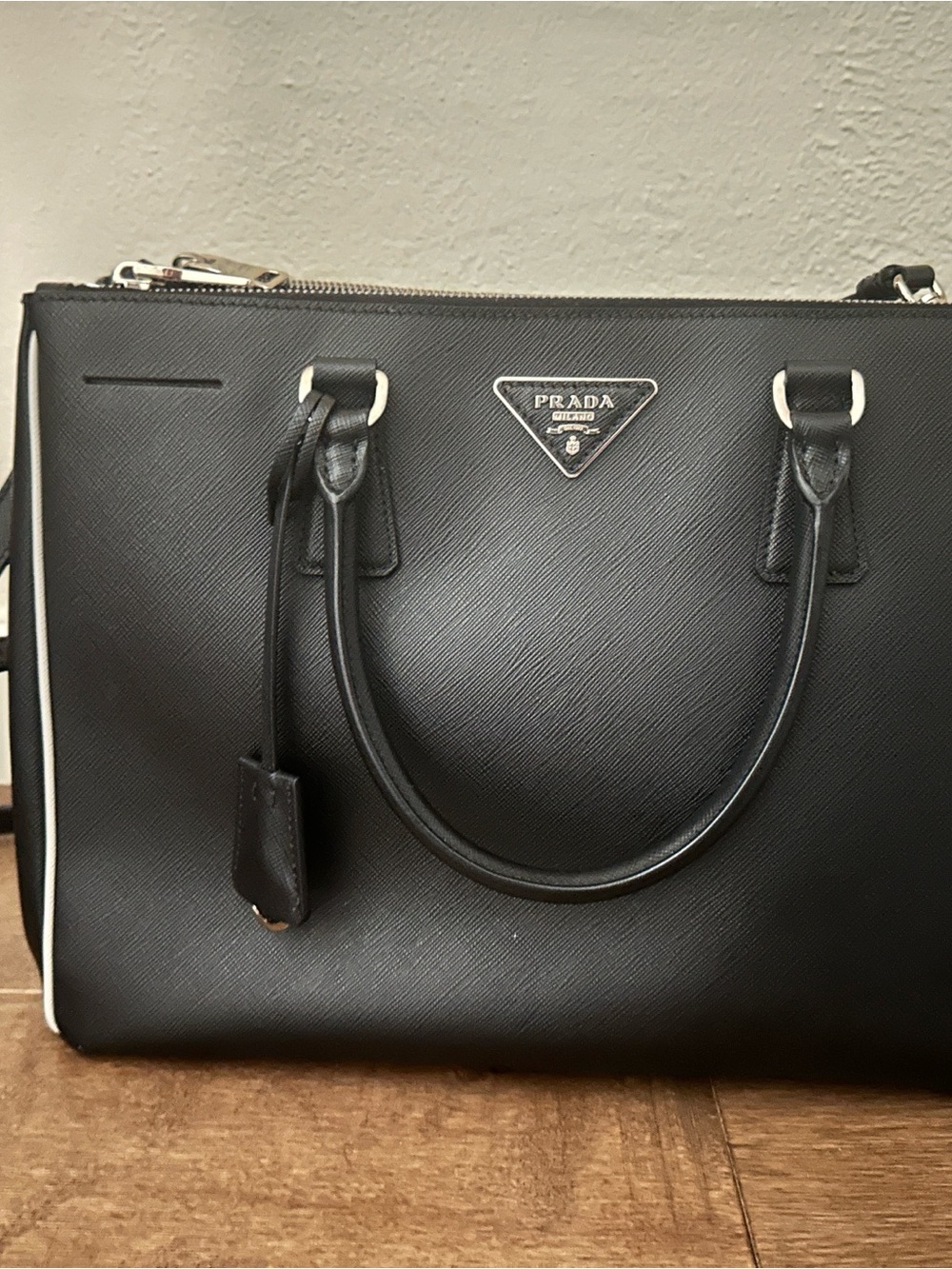 Prada Black Saffiano Leather Tote with White Trim Red Leather Inside